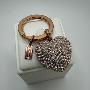 COACH puffy rhinestone heart in ROSE GOLD metal key chain/ bag charm! *notes*